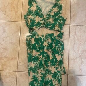 Tropical Green Leaf Print Two-Piece Set